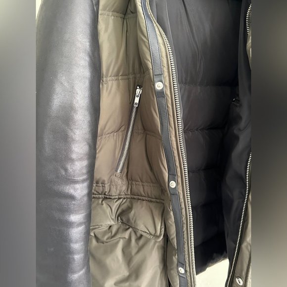 Mackage Gavin Army Green Down Coat with Leather Sleeves and Fur Hood - Picture 8 of 13